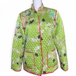 Green Quilted Floral Jacket with Red Trim